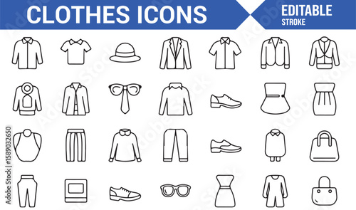 A set of line icons for various clothing items and accessories, perfect for online stores and fashion apps.