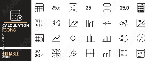 Vector illustration of calculation and data icons for business, finance, and education content.
