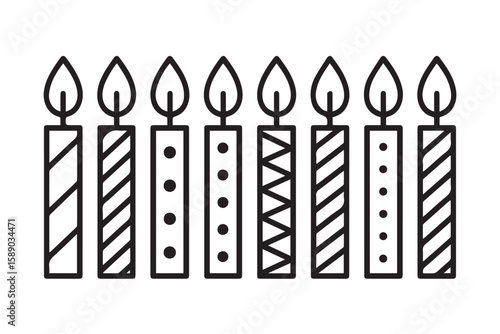 black and white candle vector graphic with varied patterns and flames perfect for modern party decorations and digital prints