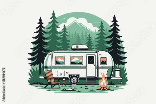 rustic camping scene vector art of a classic camper trailer, crackling campfire, pine trees, mountain silhouette and relaxed seating