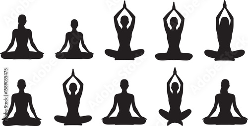 Collection of diverse female silhouettes practicing various yoga poses on a white background