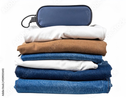 Neatly Stacked Assortment of Folded Casual Clothing in Various Colors on Isolated White Background