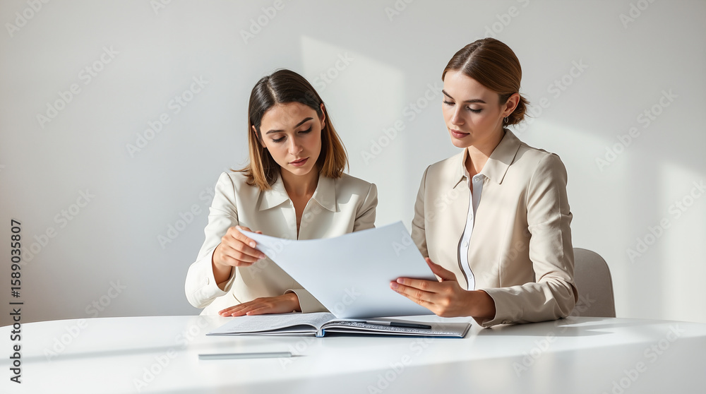 Two Professional Business Women Colleagues Reviewing Documents Papers in Modern Office Meeting Collaboration Teamwork Corporate Environment Two Professional Business Women Colleagues Reviewing Documents Papers in Modern Office Meeting Collaboration Teamwork Corporate Environment