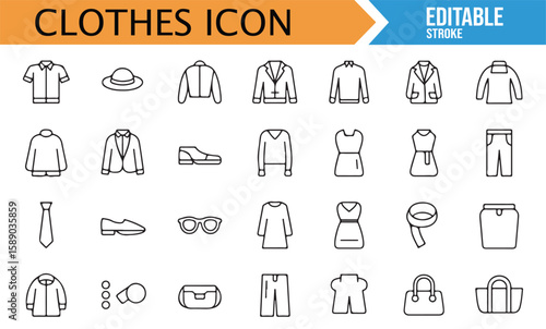 Icon set showcasing fashionable clothes and accessories for trendy lifestyle illustrations.