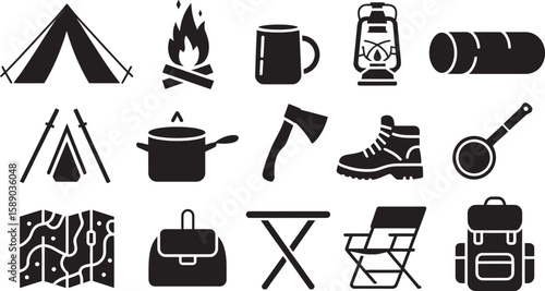 Collection of black and white camping icons representing outdoor adventure and survival gear
