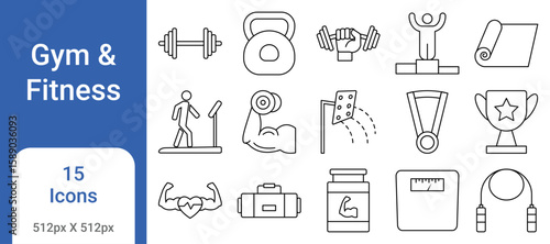 Gym and Fitness Icon Set – Workout, Exercise, Bodybuilding, Weightlifting, Training, Health, Sport Icons