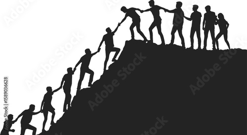 Teamwork and mutual support helping people climb a steep mountain together