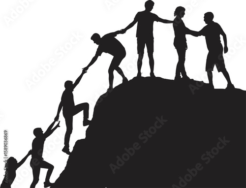 Teamwork silhouette of people helping each other climb a mountain peak