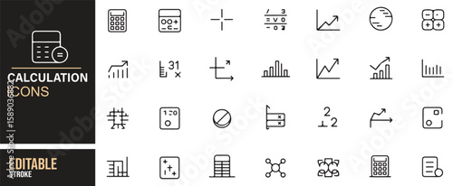 Icons for finance and analytics, illustrating charts, calculations, and statistical functions for professionals.