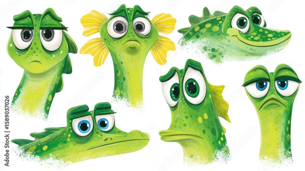 Fototapeta premium Cartoonish green sea creature faces, various emotions