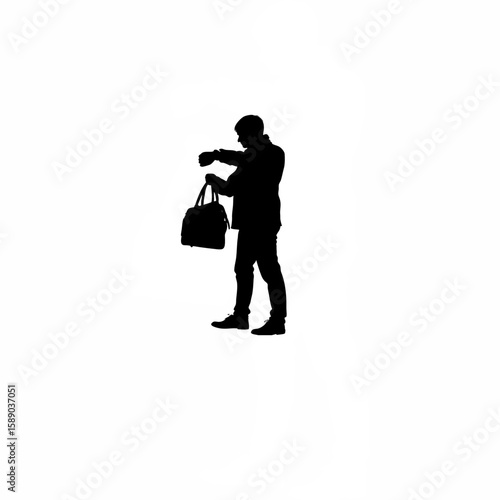 Silhouette of commuter looking at watch while waiting on white background
