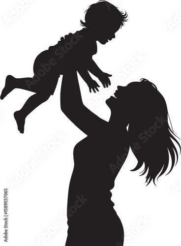 Silhouette of a mother joyfully lifting her happy child into the air