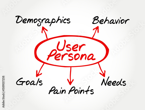User Persona diagram showing key components: Demographics, Behavior, Needs, Pain Points, Goals. Conceptual representation for understanding customer profiles and user-centered design