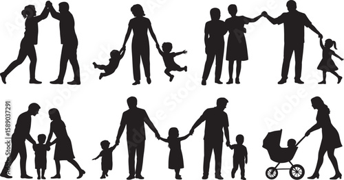 Diverse family silhouettes engaged in various activities and interactions