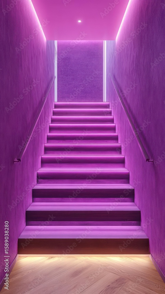 Fototapeta premium Dramatic purple staircase leading upwards, bathed in vibrant light.