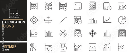 Vector icons for calculation, analytics, and business-related digital and print media designs.
