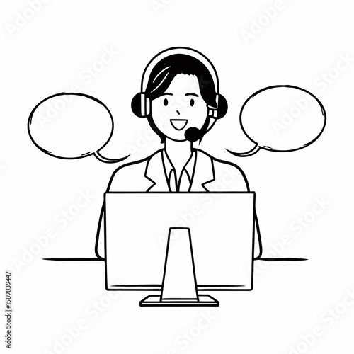 Line art of a call center agent wearing headset, with speech bubbles, computer screen, and smile, simple and clean outline illustration