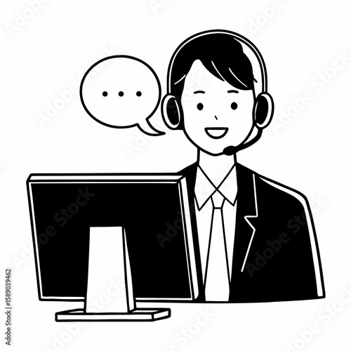 Line art of a call center agent wearing headset, with speech bubbles, computer screen, and smile, simple and clean outline illustration