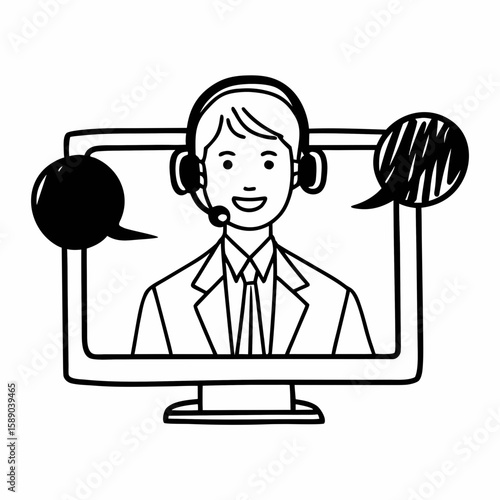 Line art of a call center agent wearing headset, with speech bubbles, computer screen, and smile, simple and clean outline illustration