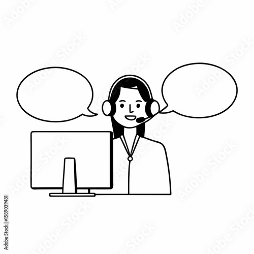 Line art of a call center agent wearing headset, with speech bubbles, computer screen, and smile, simple and clean outline illustration