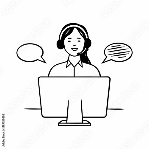 Line art of a call center agent wearing headset, with speech bubbles, computer screen, and smile, simple and clean outline illustration