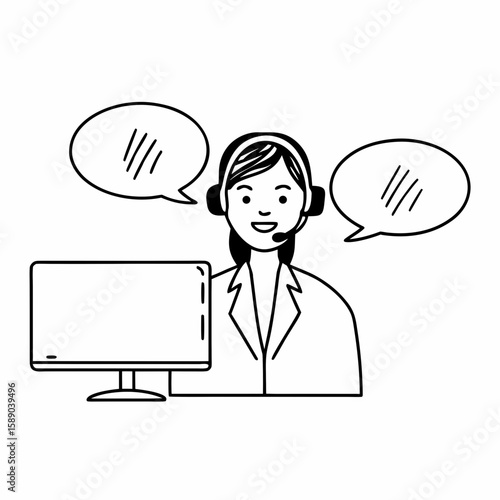 Line art of a call center agent wearing headset, with speech bubbles, computer screen, and smile, simple and clean outline illustration