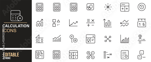 Set of minimalist calculation and data icons for use in business, finance, and educational projects.