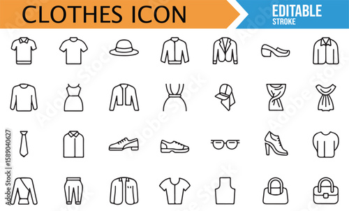 Collection of clothing icons representing various styles and accessories for fashion and lifestyle themes.