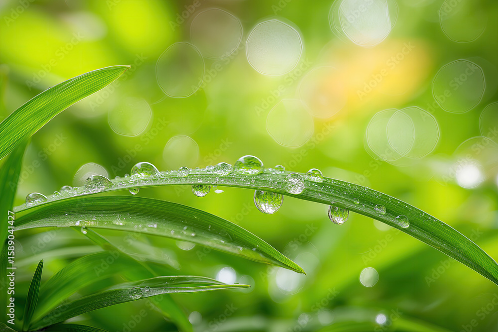 Naklejka premium Backlit Morning Dew on Grass Tip with Halo Sun Flare and Soft Green Bokeh