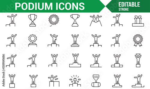 Line art of podiums with trophy icons for sports, competition, and recognition.