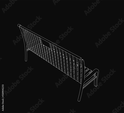 A black and white line drawing of a bench with a curved back and detailed armrests stands out against a stark black background. The clean contour lines emphasize the bench's elegant silhouette.