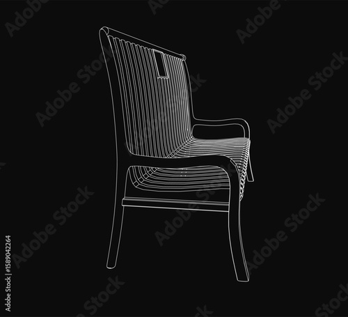 A sleek black and white drawing of a modern chair with a curved backrest and tapered legs. The armrests and seat feature subtle contours, enhancing its contemporary bench-like design.
