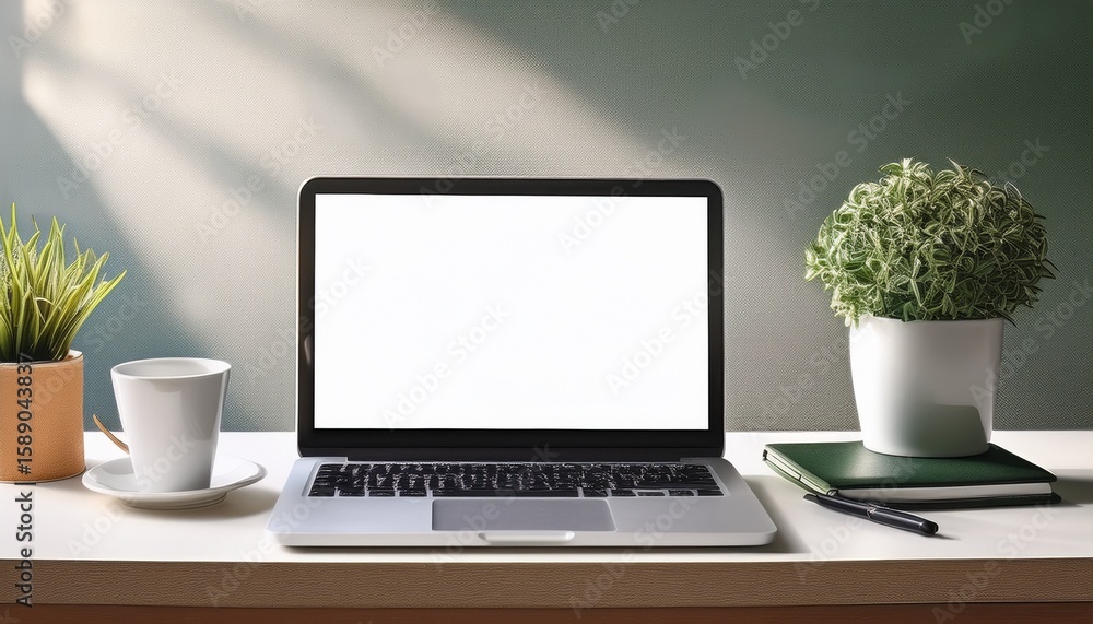 Fototapeta premium laptop with blank screen on desk at home computer on desk in office technology business concept