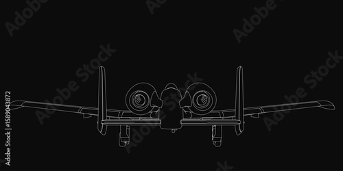 A detailed black and white combat aircraft drawing features a prominent wingspan, propellers, and tail. The stark white contour contrasts sharply against the black background.
