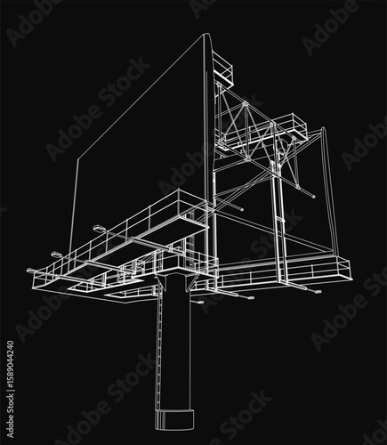 A 3D model of a building under construction displayed as a blueprint with precise contour lines. The black background highlights the structural details, resembling a billboard design.