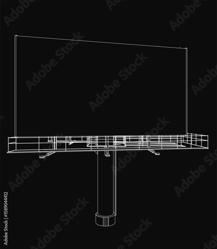 A 3D model blueprint of a billboard on a black background features a detailed contour of the pole and attached board. The design highlights structural elements with clean lines and precise.