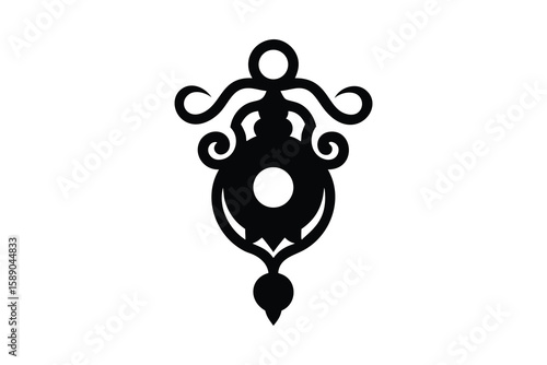 Elegant black ornamental flourish with swirling curves and a central circular motif on a white background