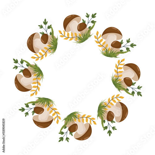 Circular wreath frame made of boletus mushrooms, green leaves, yellow branches, and grass on white background