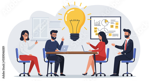 Four people in a meeting room with a lightbulb above them