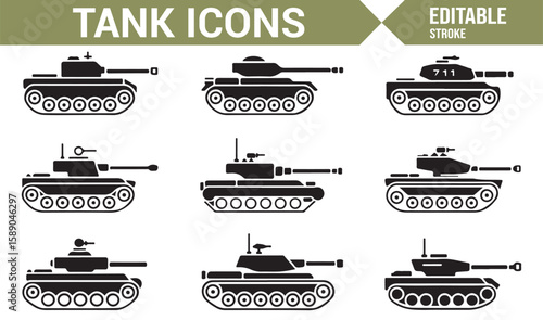 Tank silhouette icons for digital content related to warfare, military, and defense.