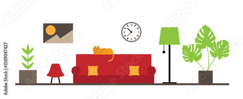 Cozy Apartment Interior with Cat Lying on the Sofa Flat Style. Flat furniture and living room decoration vector art. Comfortable living rural