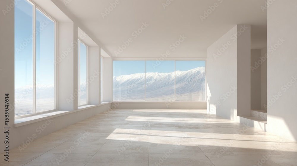 Obraz premium Bright Spacious Modern Room with Large Floor-to-Ceiling Windows and Mountain View.