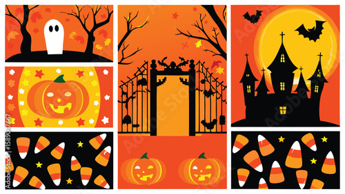 Halloween collage featuring a ghost, pumpkins, haunted house, gate, bats, trees, and candy corn theme