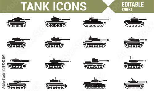 Tank vehicle icons collection, showcasing different styles of military tanks and armored vehicles.