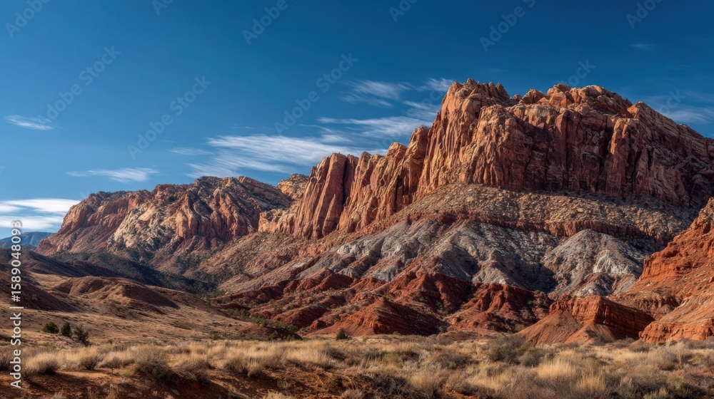 Naklejka premium Stunning view of rugged layered mountain range with vibrant red and brown cliffs under clear blue sky.