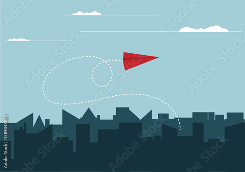 Paper Plane Flying Above Industrial City. Business start up idea concept vector art