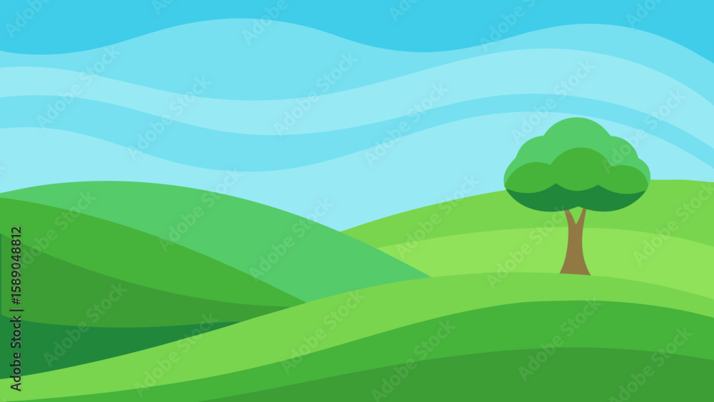 Fototapeta premium Lone Tree on Green Hills Landscape Vector