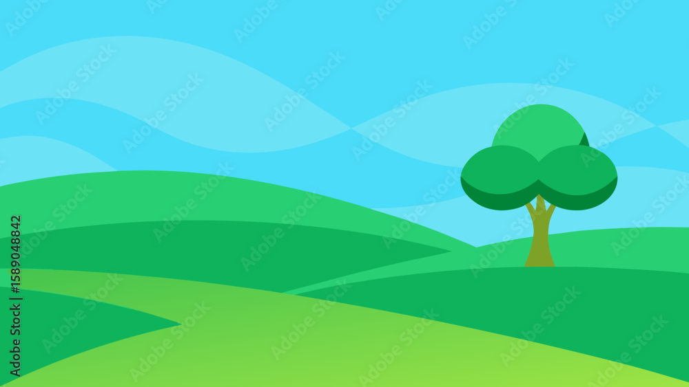 Lone Tree on Green Hills Landscape Vector Lone Tree on Green Hills Landscape Vector