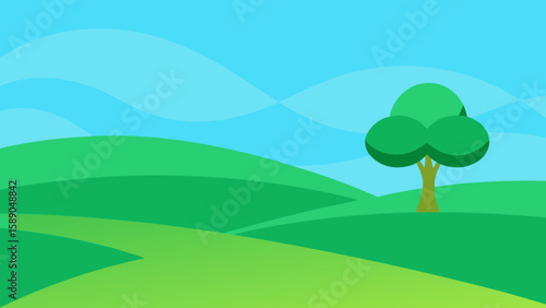 Lone Tree on Green Hills Landscape Vector