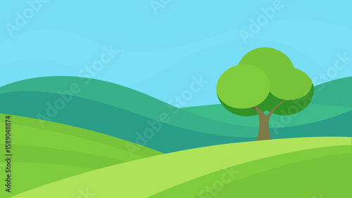 Lone Tree on Green Hills Landscape Vector
